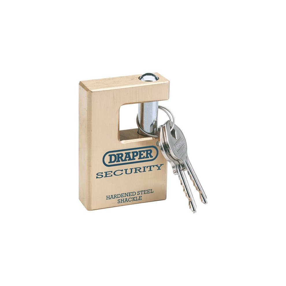 Solid brass padlock with a close shackle design, featuring a silver hardened steel shackle and two keys, marked with "DRAPER SECURITY" in blue lettering.