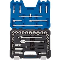 Blue Draper Expert socket set, 3/8" square drive, 41 pieces, includes ratchet, sockets, and extensions in a black case.