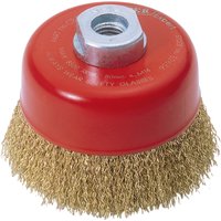 Red Draper Expert crimped wire cup brush, 80mm, with M14 threaded nut and brass-colored bristles.