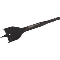 Black Draper Expert flat wood bit, 38mm, with sharp spade-shaped tip and hex shank for drilling wood.