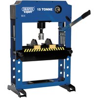 Blue Draper Expert hydraulic bench press, 15 tonne capacity, with pressure gauge and lever handle.