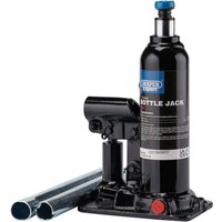 Black Draper Expert hydraulic bottle jack, 2 tonne capacity, with blue release valve and two detachable silver handles.