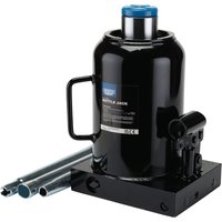 Black Draper Expert hydraulic bottle jack, 50 tonne capacity, with blue cap, side handle, and two metal lifting rods.