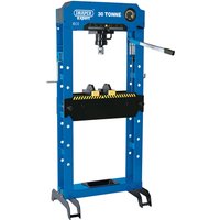 Blue Draper Expert Hydraulic Floor Press, 30 Tonne, with black base, pressure gauge, and adjustable lever handle.