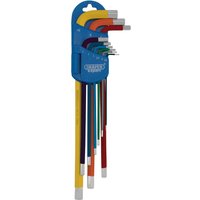 Draper Expert 9-piece extra-long arm hex key set, color-coded, with blue holder, featuring various vibrant colors.