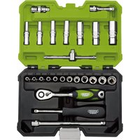 Green Draper Expert socket set with 25 metric pieces in a black and green case, featuring a ratchet and various sockets.