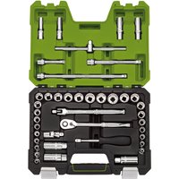 Green Draper Expert socket set with 41 pieces, including ratchet, sockets, and extensions in a molded case.