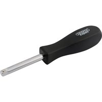Black-handled Draper Expert spinner handle, 1/4" square drive, 150mm length, with chrome-plated shaft.