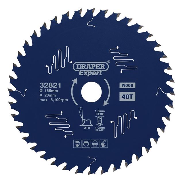 Circular saw blade with a dark blue finish, featuring 40 teeth, PTFE coating, and markings for wood cutting; diameter of 165mm and a bore size of 20mm.