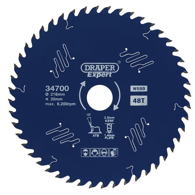 Draper Expert 34700 TCT circular saw blade for wood, featuring a blue PTFE-coated metal body, 216mm diameter, 30mm bore, 48 teeth, and a maximum speed of 6,200 RPM.