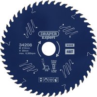 Draper Expert blue circular saw blade, 210mm diameter, 48 teeth, PTFE coating, labeled with specifications.