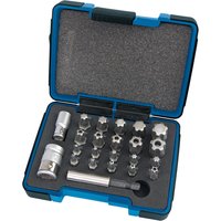 Blue and black case with 23-piece silver bit set, including sockets and extensions, neatly arranged in foam insert.