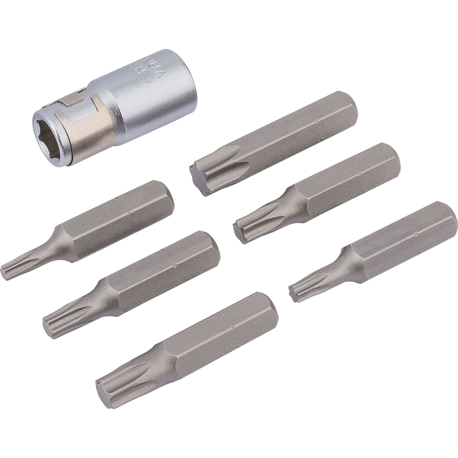 Seven-piece Draper Expert TX-STAR® bit set featuring a shiny silver bit holder and six steel bits in various sizes, all with a durable finish for enhanced grip and performance.