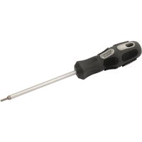 Black-handled Draper TX-STAR driver, T7 x 75mm long, with a silver shaft and ergonomic grip.