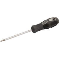 Black and silver Draper TX-STAR driver, T9 x 75mm, with ergonomic grip and long metal shaft.