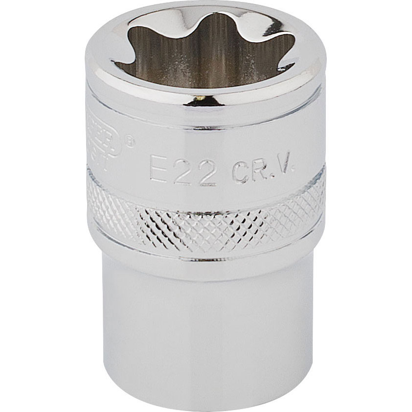 Shiny chrome-plated 1/2" square drive TX-STAR® socket with E22 designation, featuring a knurled grip band for easy handling and a star-shaped opening for secure fit on fasteners.
