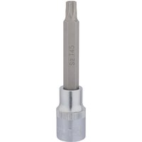 Draper TX-STAR socket bit, 1/2" square drive, T45 x 100mm, silver with a textured grip base and long hexagonal shaft.