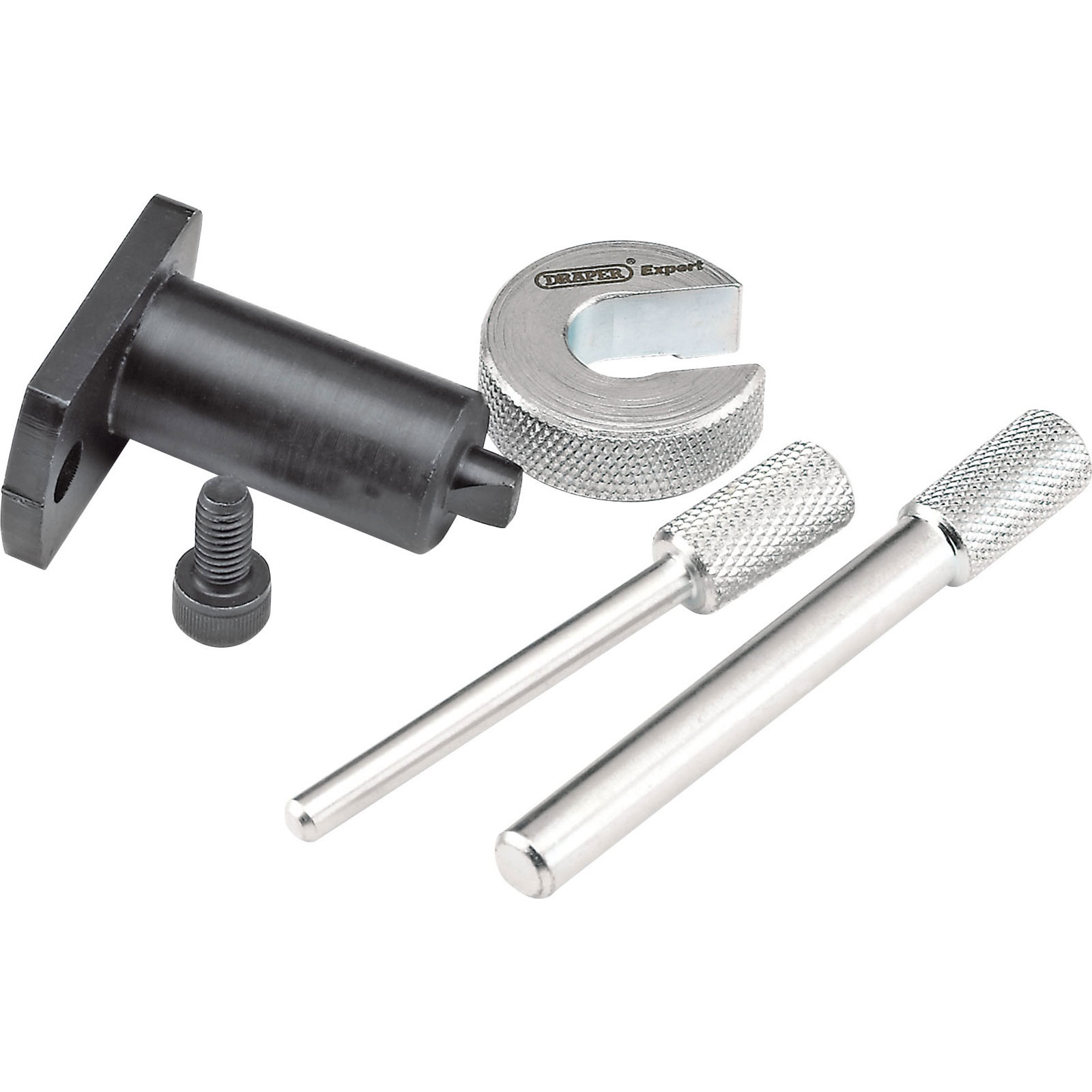 Draper 26913 Engine Timing Kit includes a black plastic alignment tool, a silver metal crankshaft tool, and a silver timing pin, designed for Citroen, Fiat, and Peugeot vehicles.