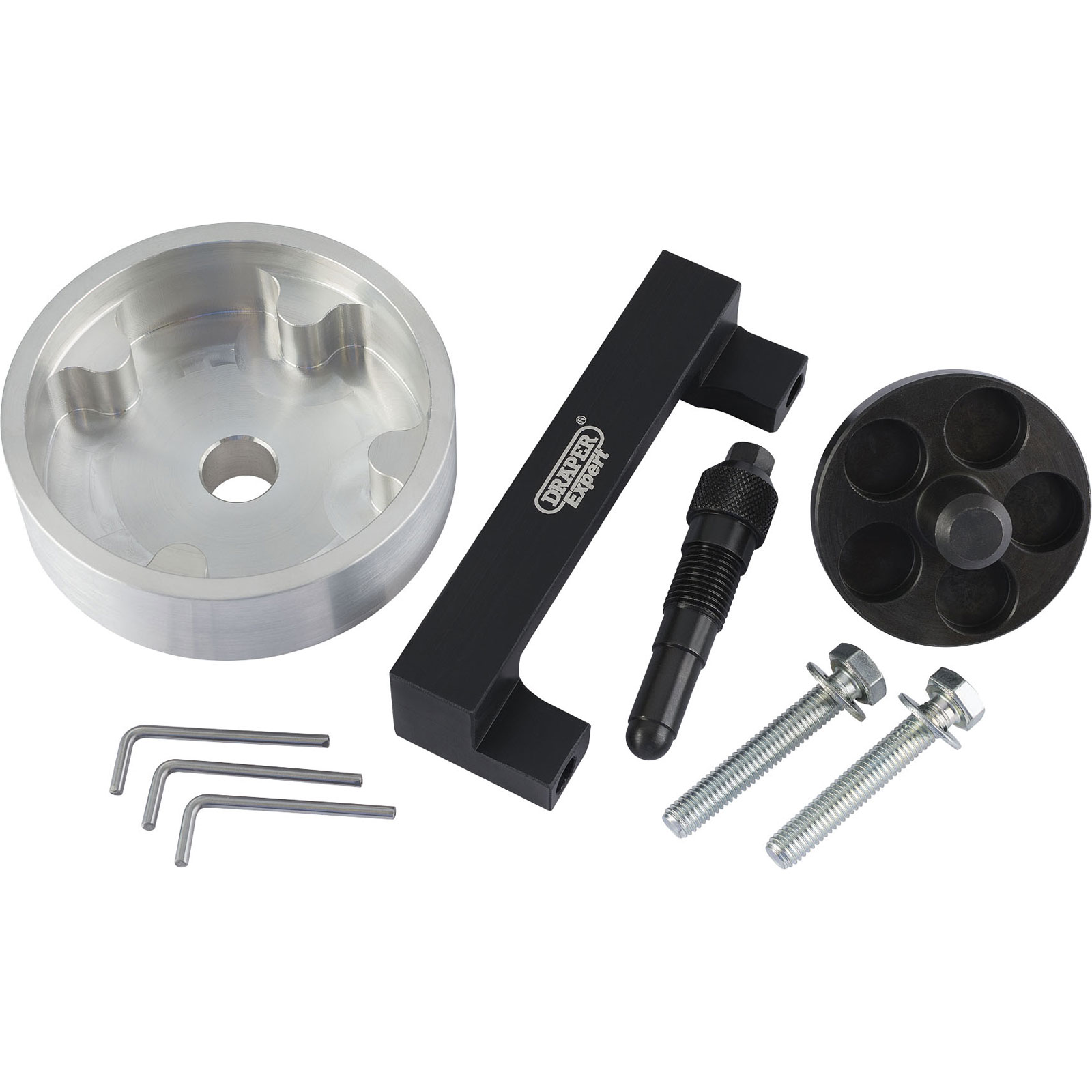 Draper 15273 Engine Timing Kit for AUDI includes a silver aluminum timing tool, a black metal holder, a black alignment tool, and several silver bolts and hex keys.