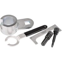 Silver and black Draper Expert engine timing kit with wrench, locking tools, and gauge for Volkswagen vehicles.