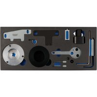 Black and blue Draper Expert engine timing kit with various metal tools in foam casing.