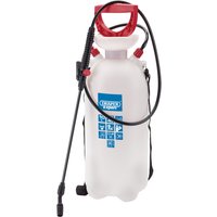White Draper Expert EPDM Pump Sprayer, 10L, with red handle, black hose, and blue logo on the front.