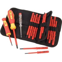 Red and yellow Draper Expert 18-piece VDE insulated screwdriver set in a black folding case.