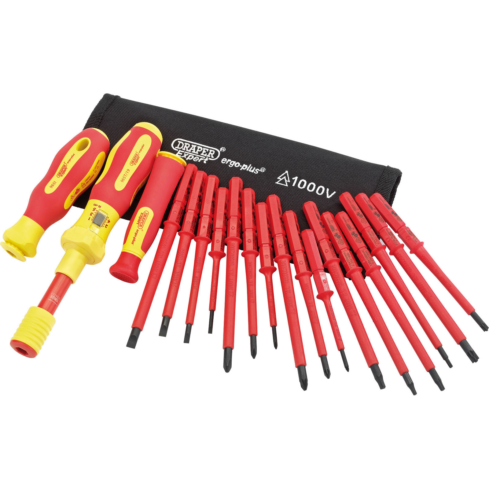 Draper 81762 XP1000 VDE Interchangeable Torque Screwdriver Set featuring red and yellow handles, insulated for 1000V, with a variety of interchangeable bits and a black storage pouch.