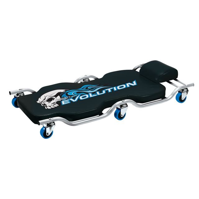 Luxury steel creeper with a sleek black padded surface, featuring a blue "EVOLUTION" graphic and skull design, supported by a chrome frame and equipped with smooth-rolling wheels.