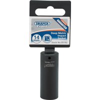 Black Draper Expert deep impact socket, 1/4" square drive, 14mm, with HI-TORQ 6-point design and labeled packaging.