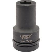 Black Draper Expert deep impact socket, 1" square drive, 20mm size, with HI-TORQ 6-point design and CR-MO marking.