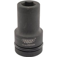 Black Draper Expert deep impact socket, 1" square drive, 22mm size, with HI-TORQ 6-point design and engraved logo.