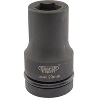 Black Draper Expert deep impact socket, 1" square drive, 23mm, with HI-TORQ 6-point design and engraved branding.