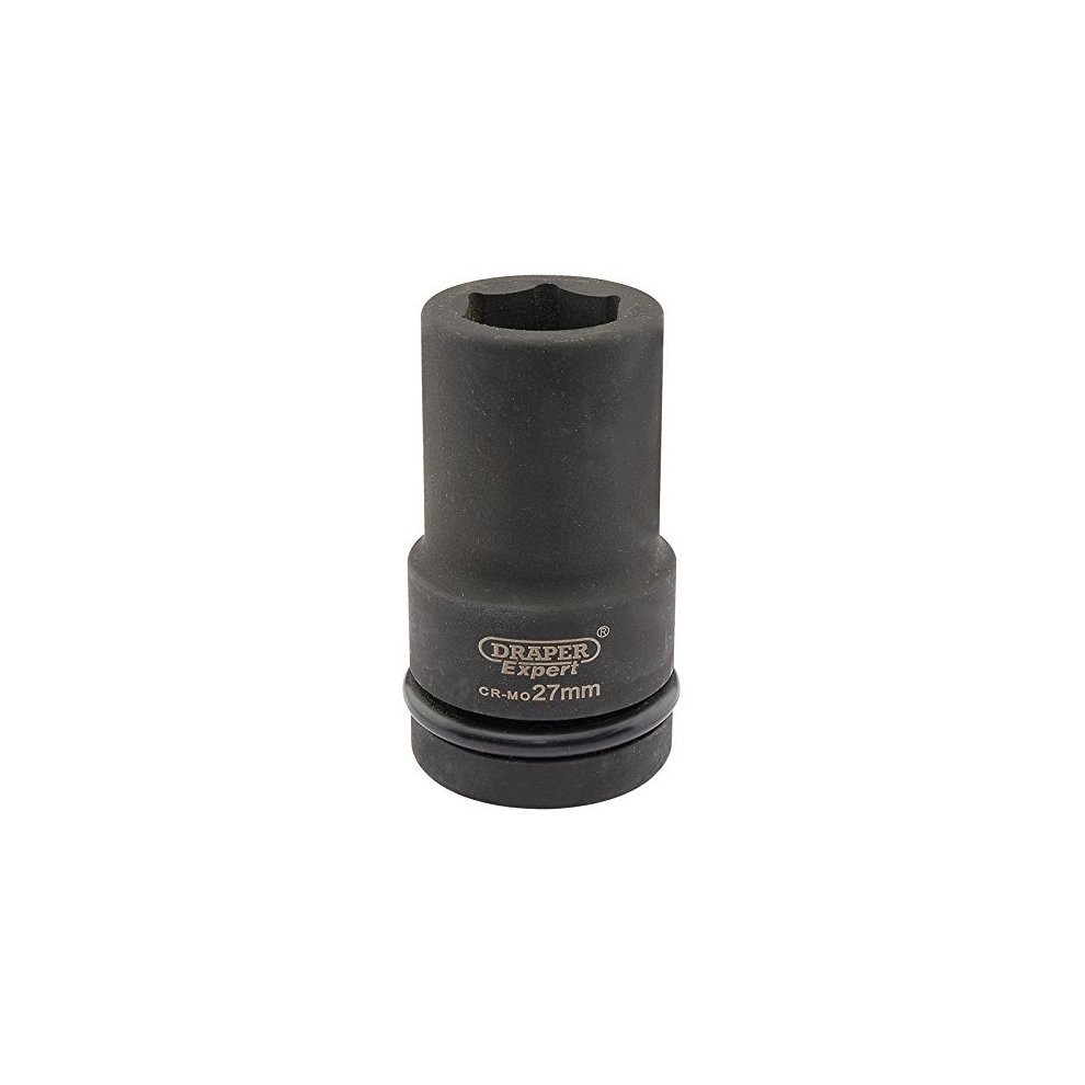 Black 27mm 1" square drive deep socket made from durable chrome molybdenum steel, featuring a 6-point design for improved grip and reduced rounding of fasteners.