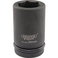 Black Draper Expert deep impact socket, 1" square drive, 36mm size, with HI-TORQ 6-point design and branded logo.