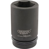 Black Draper Expert deep impact socket, 1" square drive, 38mm, with HI-TORQ 6-point design and branded text.