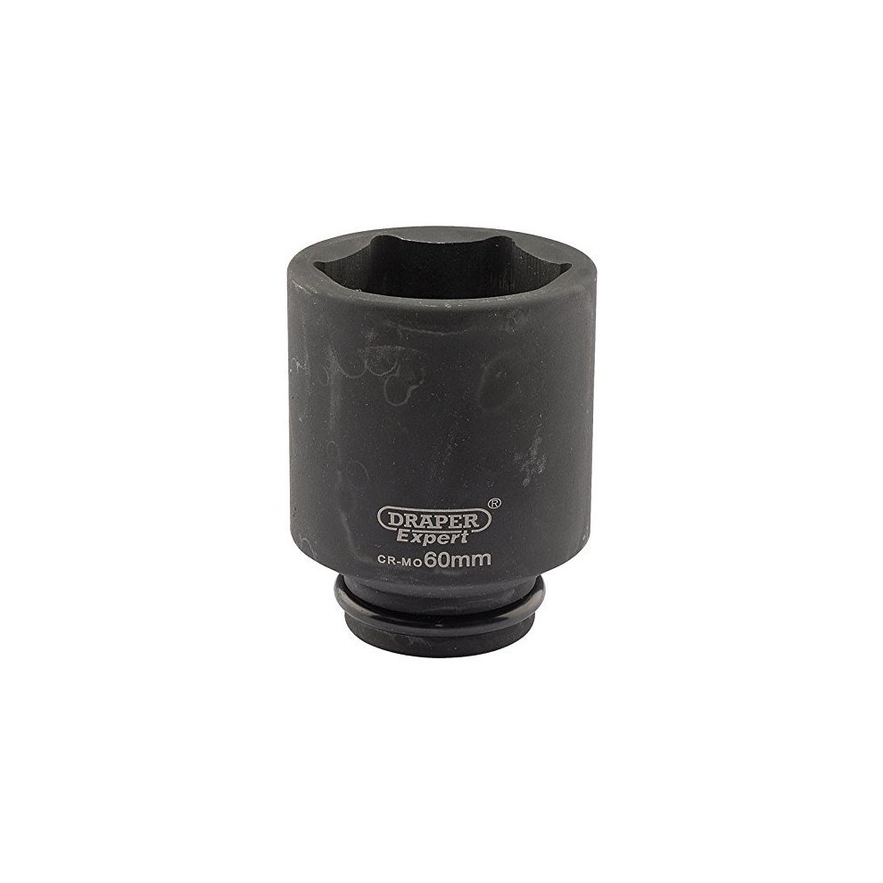 Black 60mm deep socket with a 3/4" square drive, featuring a 6-point design and marked with "Draper Expert" logo, made from durable chrome molybdenum material.