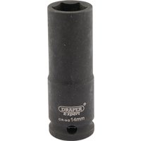 Black Draper Expert deep impact socket, 3/8" square drive, 14mm, with HI-TORQ 6 point design and engraved branding.