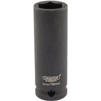 Black Draper Expert deep impact socket, 3/8" square drive, 15mm size, with HI-TORQ 6-point design and engraved branding.