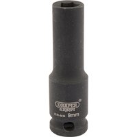 Black Draper Expert deep impact socket, 3/8" square drive, 9mm size, with HI-TORQ 6-point design and engraved branding.
