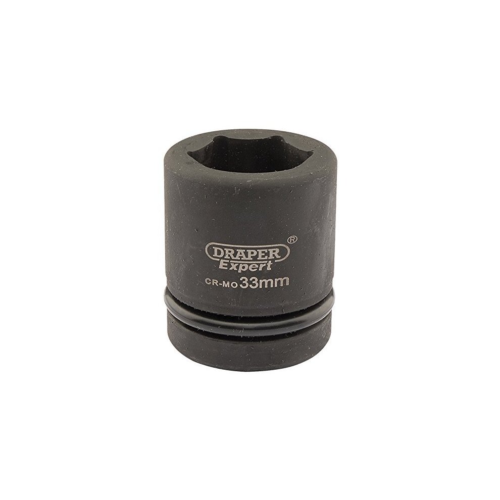 Draper Expert 33mm 1" square drive socket in black CR-Mo material, featuring a 6-point design for enhanced grip and durability.