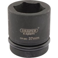 Black Draper Expert HI-TORQ 6 Point Impact Socket, 1" square drive, 37mm size, with engraved branding and size details.
