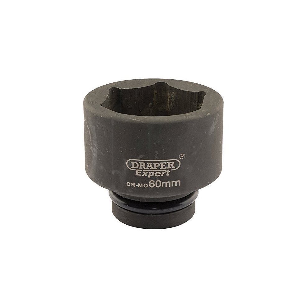 Black 60mm socket with a 1" square drive, featuring a 6-point design, made from durable chrome molybdenum, embossed with "Draper Expert" branding.
