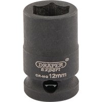 Draper Expert black impact socket, 3/8" square drive, 12mm size, HI-TORQ 6 point design with brand logo.
