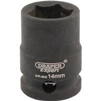 Black Draper Expert HI-TORQ 6 Point Impact Socket, 3/8" Sq. Dr., 14mm with engraved branding and size details.