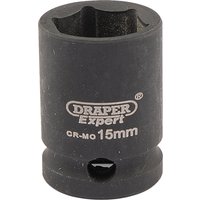 Black Draper Expert 15mm HI-TORQ 6 Point Impact Socket with 3/8" square drive, engraved logo and size marking.