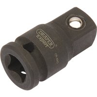 Black Draper Expert impact socket converter, 1/4"(F) x 3/8"(M), with engraved logo and smooth finish.