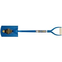 Blue square mouth spade with ash shaft and D-grip handle, by Draper Expert.