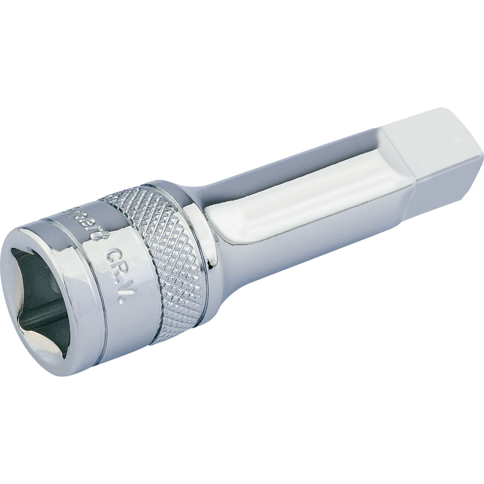 Draper Expert 16750 1/2" square drive extension bar, 75mm long, made of shiny chrome vanadium steel with a knurled grip for easy handling and a hexagonal socket for secure tool fit.