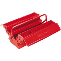 Red Draper Expert cantilever tool box with four trays, extra long design, and sturdy metal handle.
